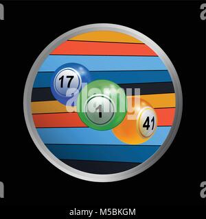 3D Illustration of a Trio Of Bingo Lottery Balls in Metallic Border with Coloured Stripes On Black Background Stock Vector
