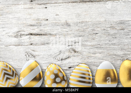 Gold pattern easter eggs on a wooden background. 3D Rendering Stock Photo