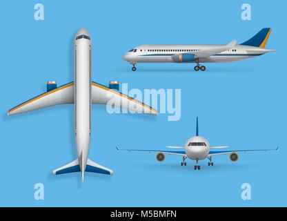 Realistic passenger airplane mock up, airliner in top, side, front view. Modern aircraft flight isolated on blue background. 3d airplane transport design. Vector illustration Stock Vector