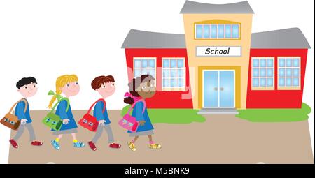 Back to School.Four cartoon children happily walking to school Stock Vector