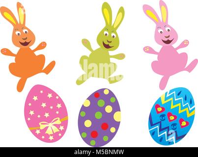 Three brightly colored Easter bunnies jump over brightly decorated Easter eggs Stock Vector