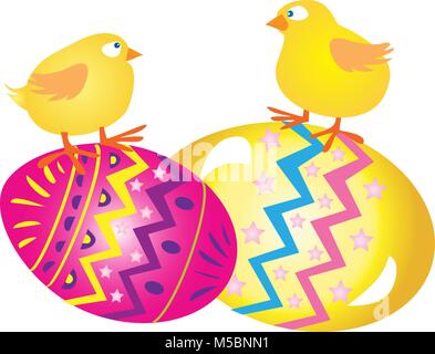 Two chicks on two decorated Easter eggs Stock Vector
