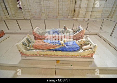 The 800 year old tombs of King Henry II of England and his Queen Eleanor of Aquitaine in the royal Abbey of Fontevraud Stock Photo