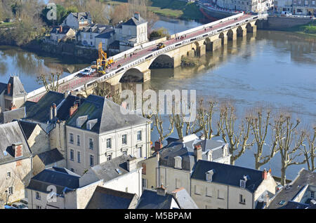 The slate roofs of the medieval town of Chinon and the bridge over the River Vienne in France Stock Photo