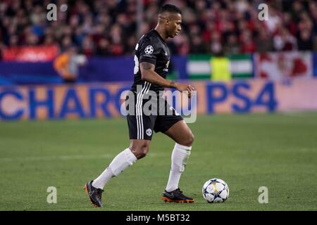 SEVILLE, SPAIN - FEBRUARY 21:  ANTONIO VALENCIA of Manchester drives the ball during the UEFA Champions League Round of 16 First Leg match between Sevilla FC and Manchester United at Estadio Ramon Sanchez Pizjuan on February 21, 2018 in Seville, Spain. (Photo by MB Media/Getty Images) Stock Photo