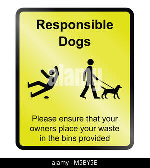 Yellow responsible dog waste public information sign isolated on white background Stock Photo