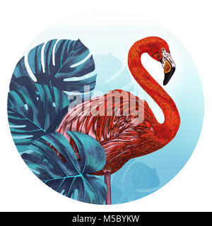Flamingo illustration. Flamingo in front of tropical leaves Stock Photo