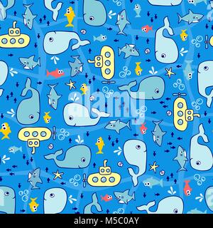 seamless background with cute funny animals and yellow submarine under the sea, design for children Stock Vector