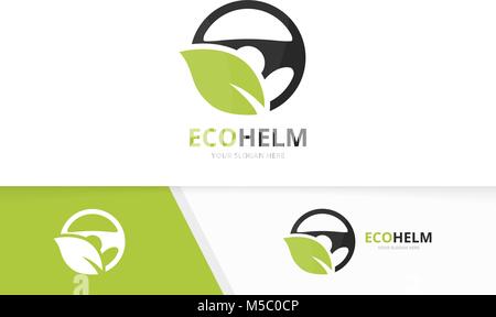 Vector car helm and leaf logo combination. Steering wheel and eco symbol or icon. Unique rudder and organic logotype design template. Stock Vector