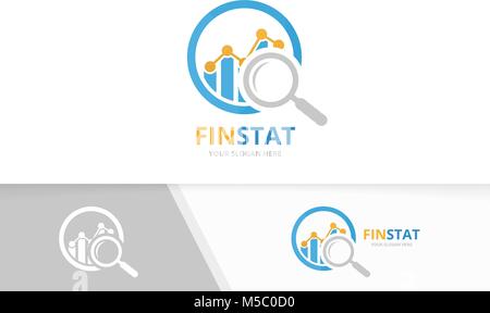 Vector graph and loupe logo combination. Diagram and magnifying symbol or icon. Unique chart and search logotype design template. Stock Vector