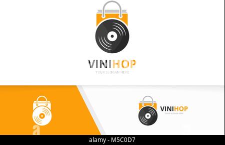 Vector vinyl and shop logo combination. Record and sale symbol or icon. Unique music album and bag logotype design template. Stock Vector