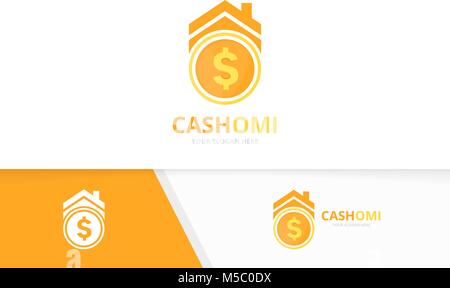 Vector coin and real estate logo combination. Money and house symbol or icon. Unique cash and rent logotype design template. Stock Vector