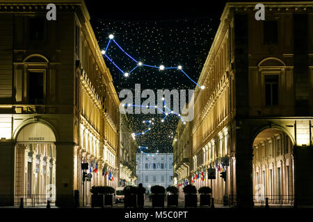 Turin, Italy, december 2017: christmas lights in via Roma, Turin, Italy with constellation and astronomy main theme Stock Photo