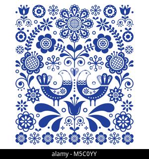 Scandinavian cute folk art vector decoration with birds and flowers, Scandinavian navy blue floral pattern Stock Vector