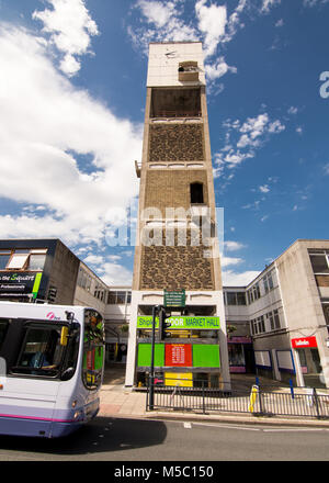 Shipley, England, UK - June 30, 2015: The modern clock tower of Shipley Indoor Market Hall in West Yorkshire. Stock Photo