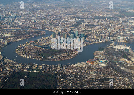 Aerial view of Canary Wharf, London from the south. Stock Photo