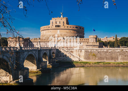 View of Sant Angelo Castle and Sant Angelo Bridge over Tiber River in Rome, Italy