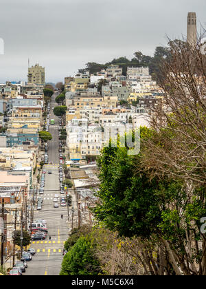 The view down Lombard Street towards the bay. Stock Photo