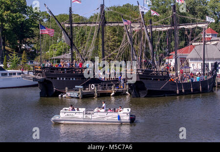 September 3, 2017, South Haven MI; modern boats float around replica of the Pinta and Nina from the 1400's fleet of Christopher Columbus. Stock Photo