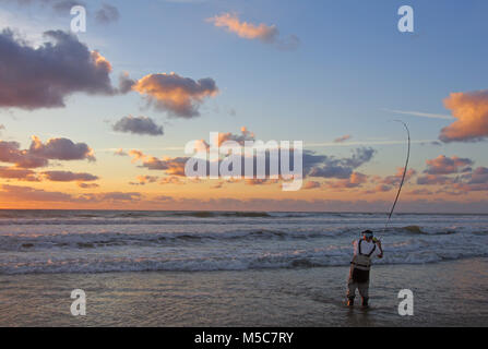 Surf fisherman fighting a fish on a beach, fishing scene. the rod is bending Stock Photo