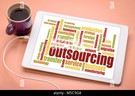 outsourcing word cloud on a digital tablet with a cup of coffee Stock Photo
