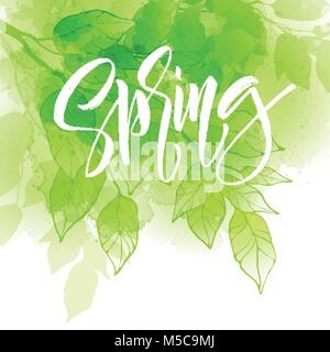 Hand lettering spring design on a green and yellow watercolor painted background with leaf. Calligraphy letters. Vector illustration Stock Vector