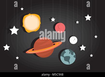 Cartoon illustration of space mobile with hanging planets and stars Stock Vector