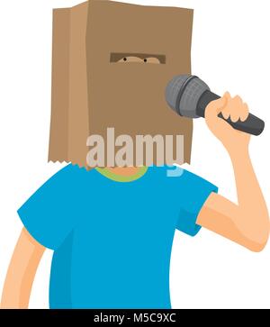 Cartoon illystration of shy man singing with paper bag on his head Stock Vector