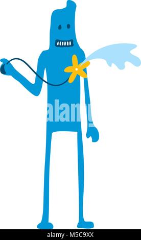 Cartoon Illustration of a prankster playing with a water-squirting flower Stock Vector