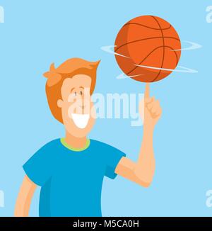 Cartoon man of confident player spinning basketball on his finger Stock Vector
