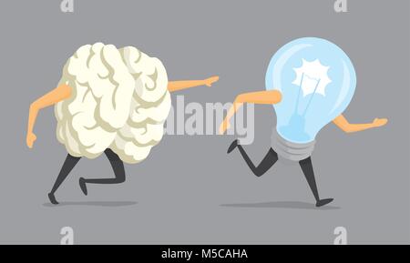 Cartoon illustration of running brain chasing idea Stock Vector
