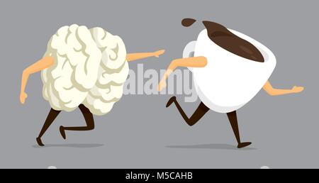 Cartoon illustration of coffeholic brain chasing coffee Stock Vector