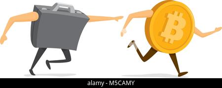 Cartoon illustration of business suitcase chasing bitcoin Stock Vector