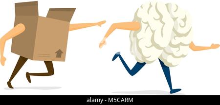Cartoon illustration of brain escaping from cardboard box Stock Vector