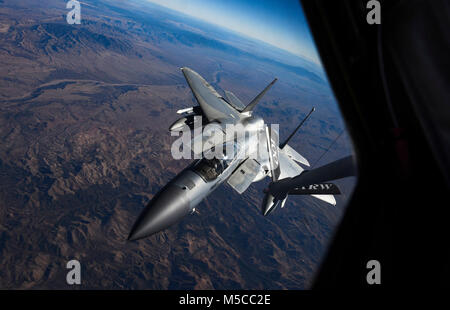 An F-15C Eagle fighter jet assigned to the 123rd Fighter Squadron at the Oregon Air National Guard approaches an in-flight refueling boom during Red Flag 18-1 over the Nevada Test and Training Range Feb. 7, 2018. Units from across the country along with members from the Royal Air Force and Royal Australian Air Force participated as Blue Forces in this year’s first Red Flag exercise. (U.S. Air Force Stock Photo