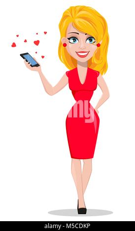 Beautiful woman in red dress holding smartphone with many little hearts. Smiling cartoon character. Illustration for Valentine day or Women day. Stock Stock Vector