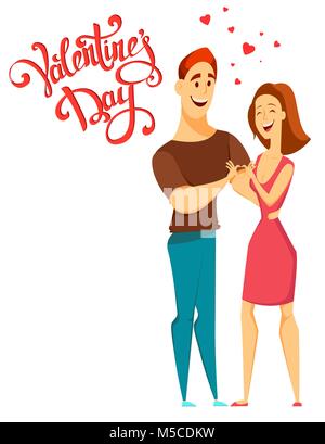 Valentines Day. Couple in love. Man and woman standing together and making heart shape from hands. Cheerful cartoon characters and handmade lettering. Stock Vector