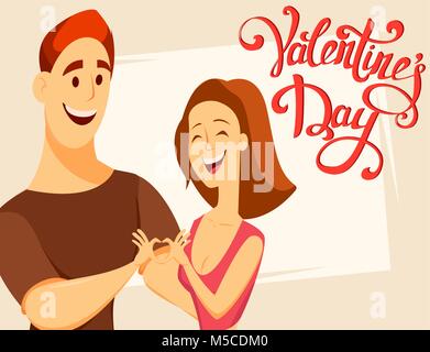 Valentines Day. Couple in love. Man and woman standing together and making heart shape from hands. Cheerful cartoon characters and handmade lettering. Stock Vector