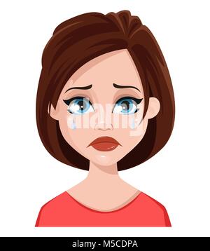 Face expression of a woman – crying. Female emotions. Attractive cartoon character. Vector illustration isolated on white background. Stock Vector