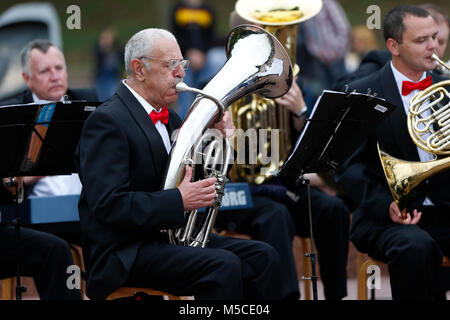 Belarus, the city of Gomel, June 3, 2017. Independence Day in Belarus.An elderly musician plays on a wind instrument.To play in the orchestra. Musicia Stock Photo
