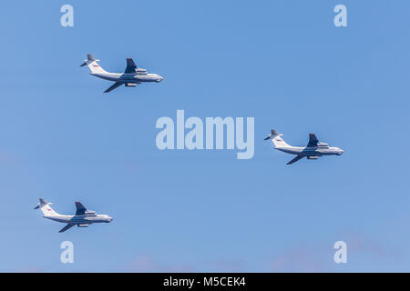 Moscow - May 07, 2017: military aircrafts of Russian air forces are returning after the flight over Red Square from rehearsal for the Victory Parade Stock Photo