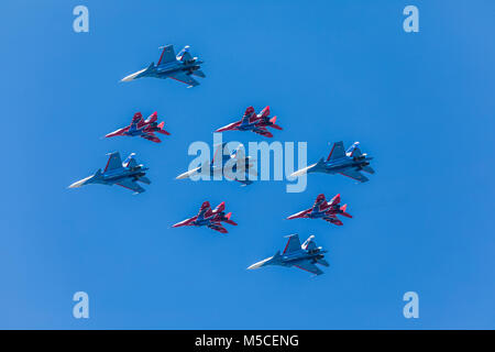 Moscow - May 07, 2017: military aircrafts of Russian air forces are returning after the flight over Red Square from rehearsal for the Victory Parade Stock Photo