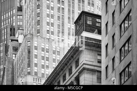 Black and white picture of New York buildings facades, USA. Stock Photo