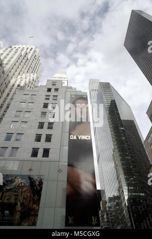 New York, United States of America - May 28, 2017: A Jeff Koons advertisement with Mona Lisa on the building of the Louis Vuitton in the 5th avenue. Stock Photo