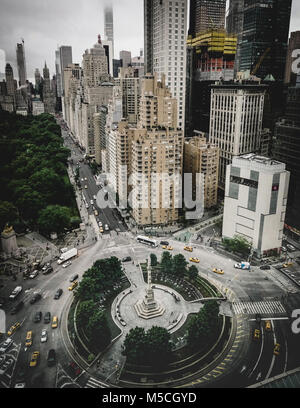 New York, United States of America - May 30, 2017: The view of the Columbus circle from above. The traffic circle is a very busy area in the borough of Manhattan and is named after the monument of Christopher Columbus. Stock Photo