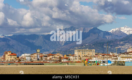 Viareggio and the Apuan Alps from the beach, Lucca, Tuscany, Italy Stock Photo