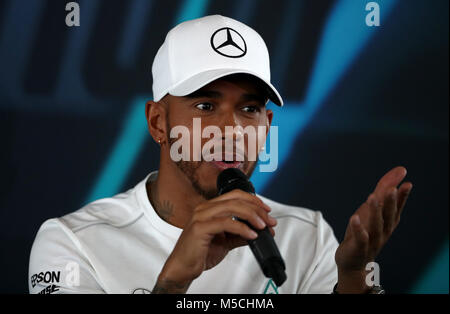 Mercedes driver Lewis Hamilton attending a press conference during the Mercedes-AMG F1 2018 car launch at Silverstone, Towcester. Stock Photo