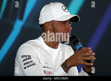 Mercedes driver Lewis Hamilton attending a press conference during the Mercedes-AMG F1 2018 car launch at Silverstone, Towcester. Stock Photo