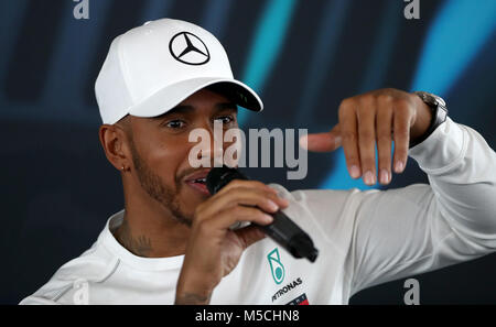 Mercedes driver Lewis Hamilton attending a press conference during the Mercedes-AMG F1 2018 car launch at Silverstone, Towcester. Stock Photo