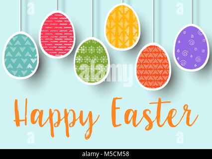 Pending easter multicolored flat eggs isolated. Happy Easter. Easter hanging eggs with different simple ornaments. vector illustration. Postcard templ Stock Vector